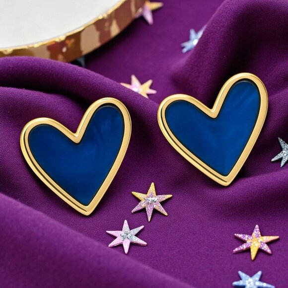 🆕 Royal Blue Enamel Heart Stud Earrings Gold Tone Statement Cute Gift for Girls - Picture 1 of 13
